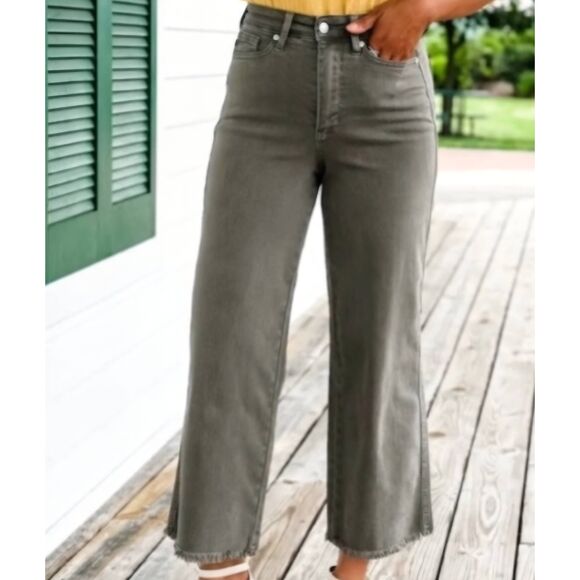 Judy Blue Denim - Judy Blue Jeans Women's 30 Olive Green Wide Leg High Rise Garment Dyed High Rise